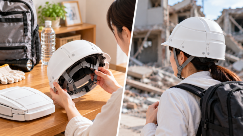 防災ヘルメットのサイズを事前調整し着用状態を確認する様子