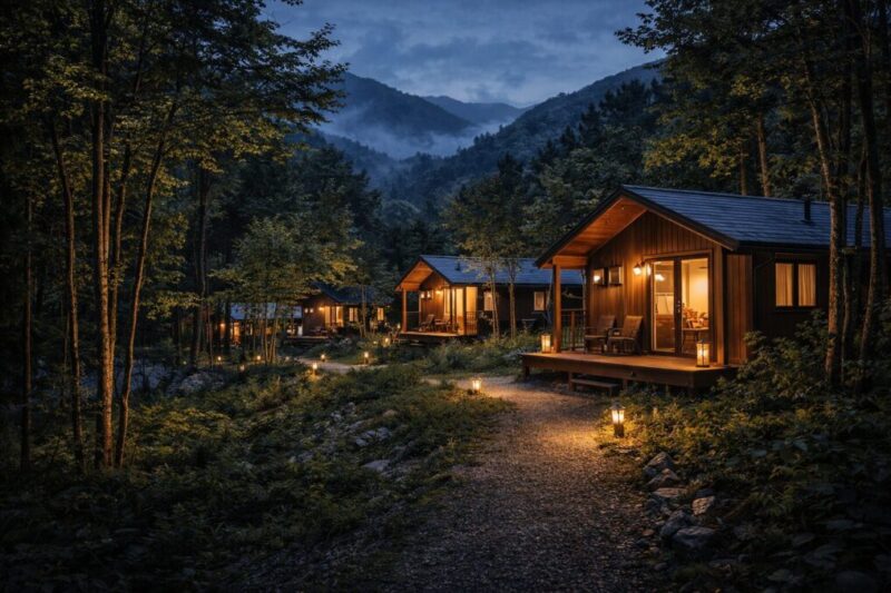 山あいにあるキャビン型グランピング施設と周辺の木立の距離感がわかる風景