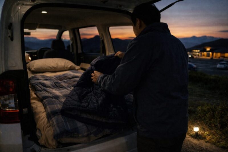 高地の冷え込みに備えて寝具や上着を準備する車中泊イメージ