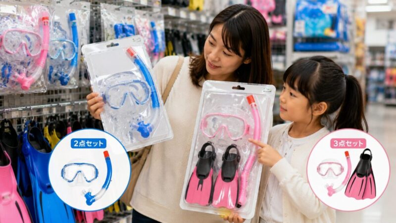 シュノーケルの2点セットとフィン付き3点セットを店頭で比較する親子