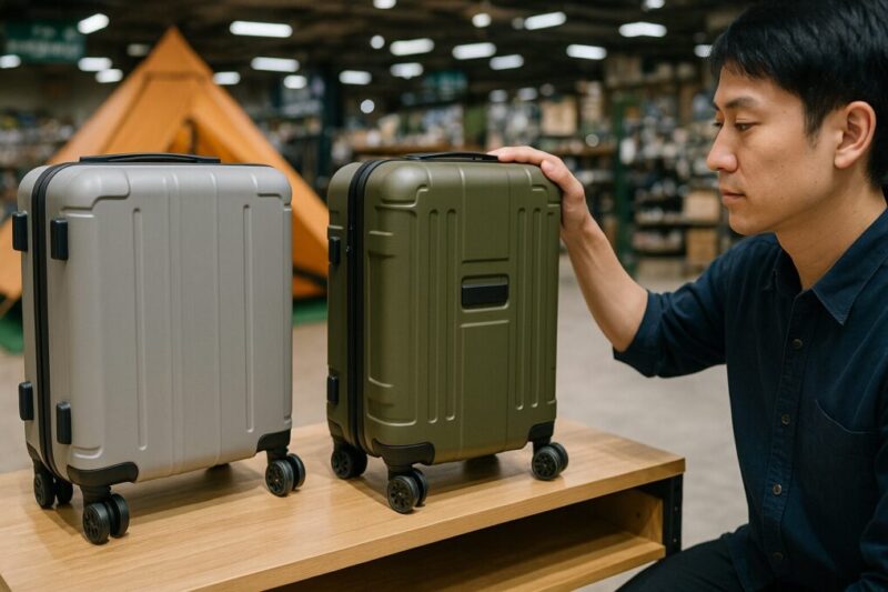 2台のスーツケースを前に電卓とメモで価格やコスパを比較している様子