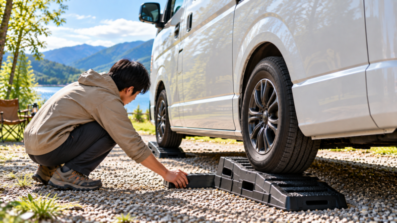 車中泊前にレベラーでタイヤの高さを調整して車体の傾きを補正する様子