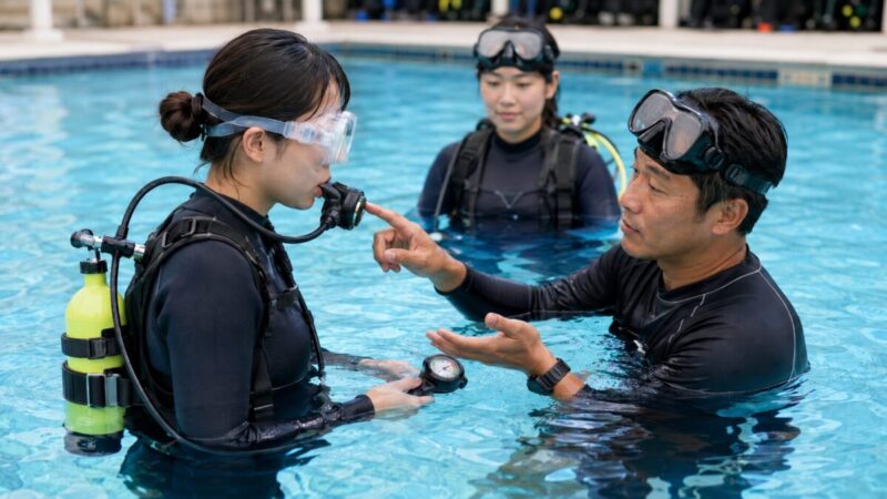 浅いプールで小型エアタンクの安全な使い方を学ぶ初心者
