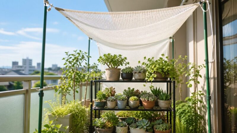 白いメッシュシートを使ってベランダの鉢植えや多肉植物を日差しから守っている様子