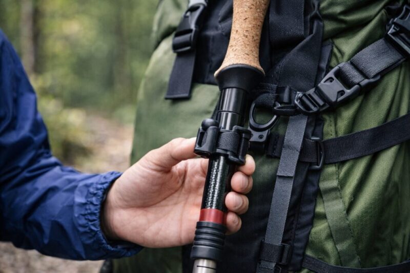 ザックに追加したループにトレッキングポールを掛けて固定しているイメージ