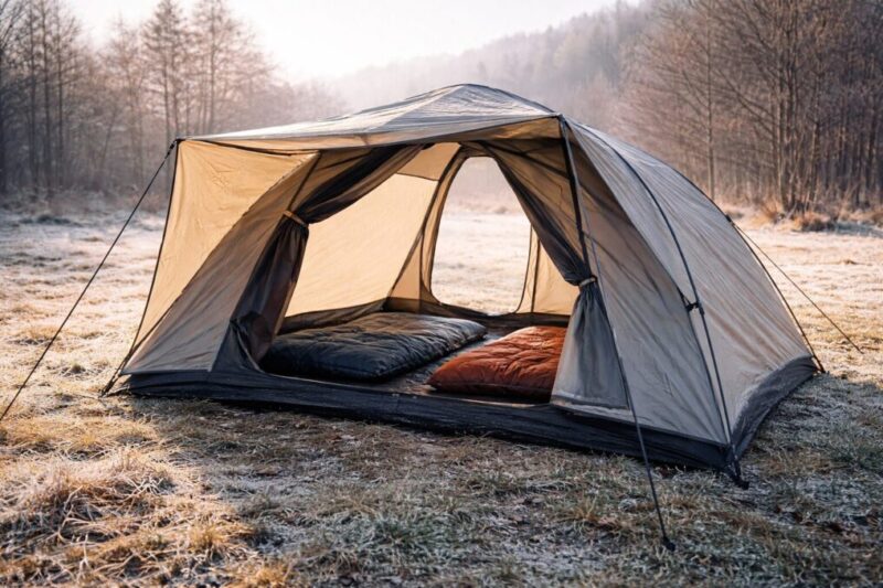 朝のキャンプサイトでテントを大きく開け、フライを跳ね上げて風を通しながら乾燥させている様子