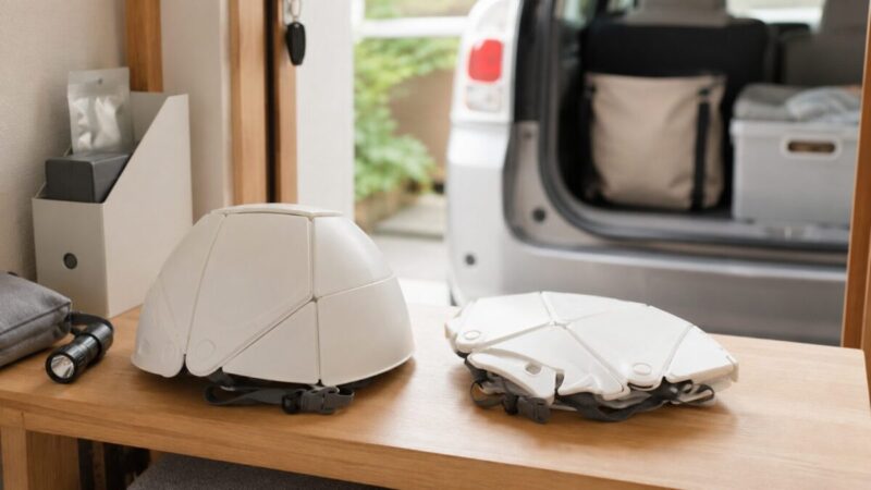 折りたたみ防災ヘルメットを玄関棚と車の近くに置いた省スペース収納のイメージ