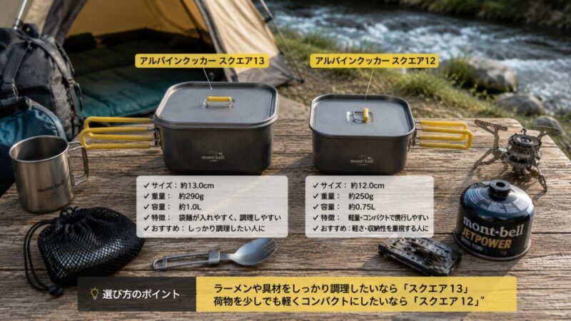 サイズ違いの角型クッカーを並べて調理用途や持ち運びやすさを比較している様子