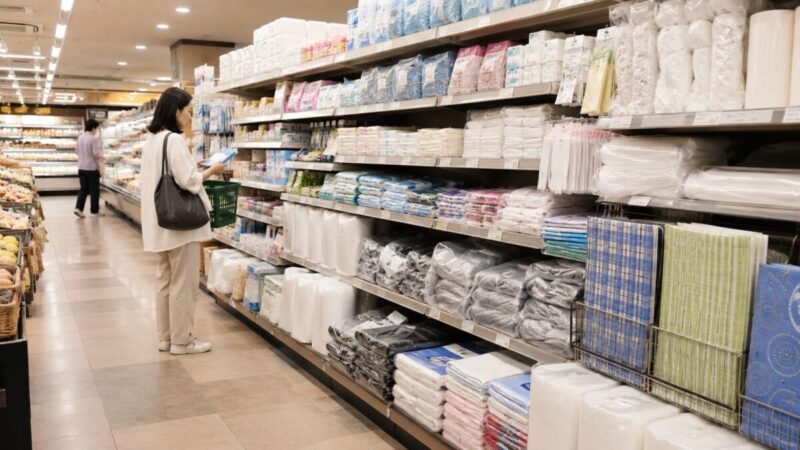 スーパーの日用品売り場でレジャーシートや代用品を探す様子