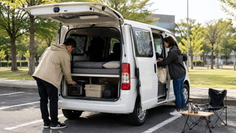 公園の駐車場で夫婦が白いバンコンの後部収納を確認しながら車中泊の準備をしている様子