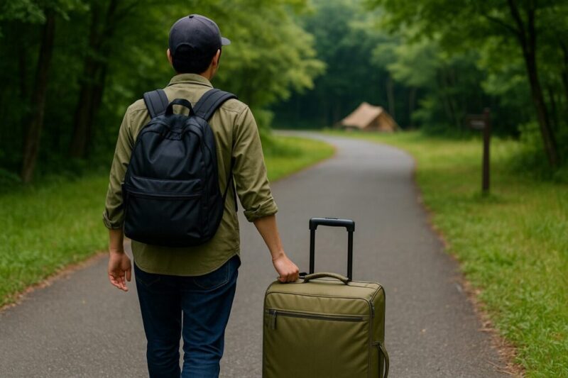 郊外の遊歩道をバックパックとキャリーケースを使ってキャンプ場に向かって歩くソロキャンパーの後ろ姿