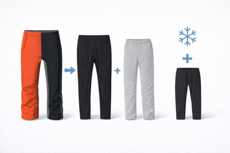 スキーウェア下でタイツだけかズボン追加かを判断するイメージ図