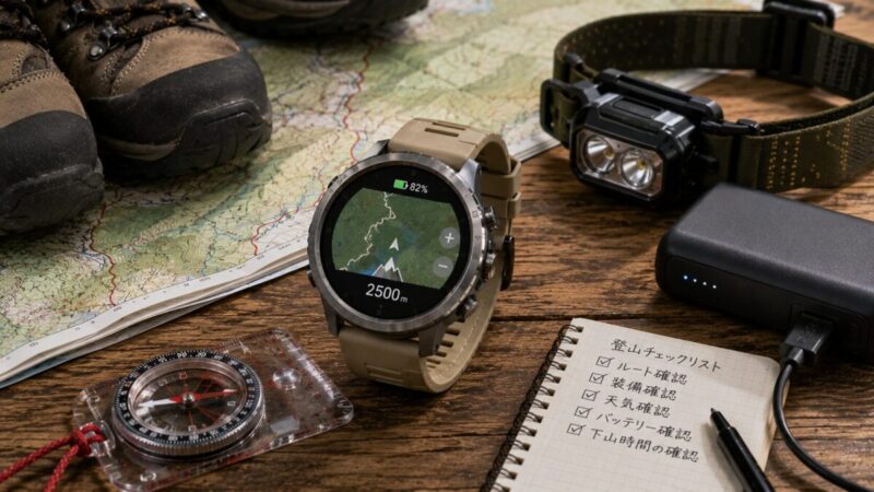 登山用アウトドアウォッチの地図とバッテリー性能を確認するイメージ