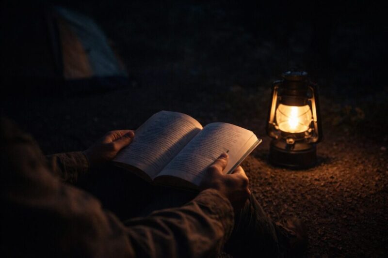 暗いキャンプサイトでランタンの光を抑え、静かに読書して過ごす手元の様子