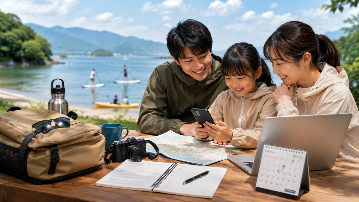 じゃらんポイントの使い道を考えながら家族で湖の外遊びを計画する様子