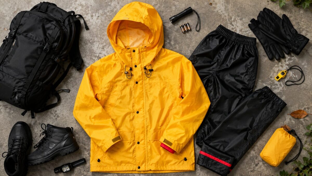 防災服とレインパンツ、リュック、靴、ライトなどを並べた災害時と外遊びに備える装備一式