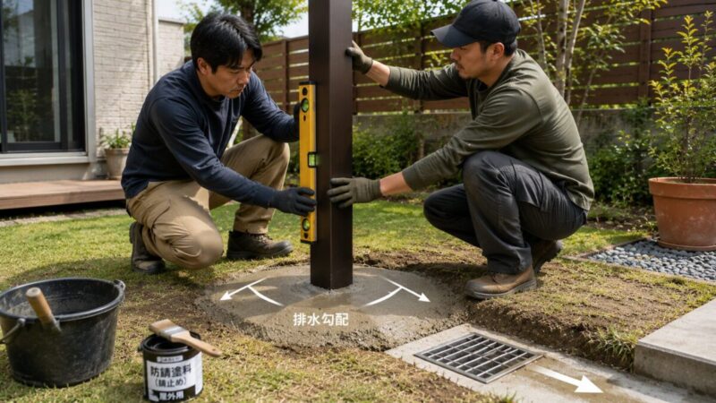 DIYでシェードポールの垂直と基礎の排水状態を確認している様子