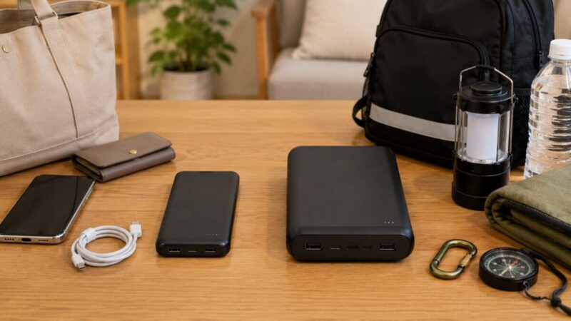 容量の異なる2つのモバイルバッテリーを日常使いと防災用で比較した様子