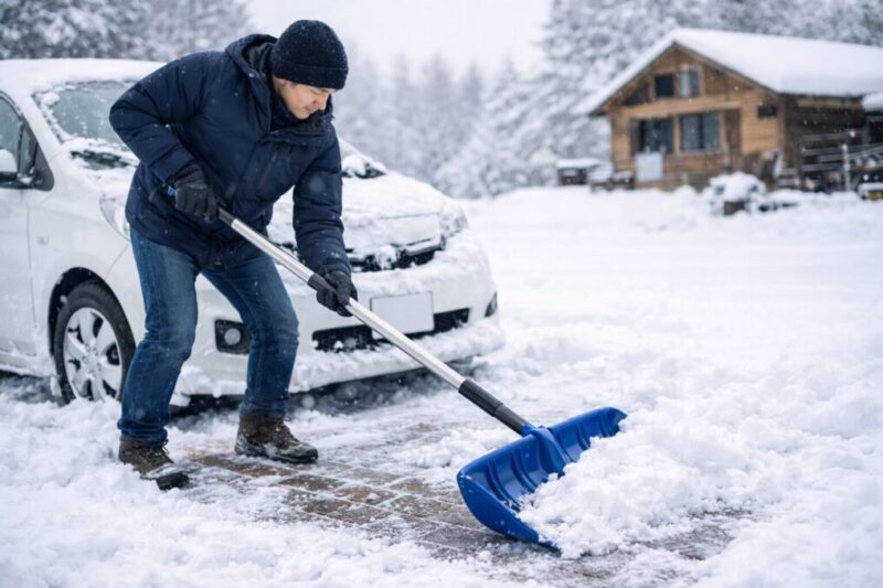 伸縮スコップで姿勢を起こしながら車まわりの雪を押して除雪する様子