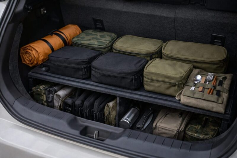車のトランク内にポーチやケースを整理して並べ、まとめて持ち出せるようにしているイメージ