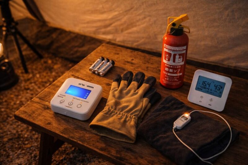 就寝前にストーブを消し、寝袋や湯たんぽなど別の暖房で寒さに備える様子