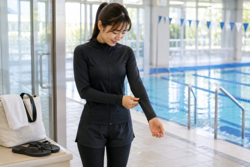 プールで泳ぐ前にフィットタイプの長袖ラッシュガードの着用感を確認する様子
