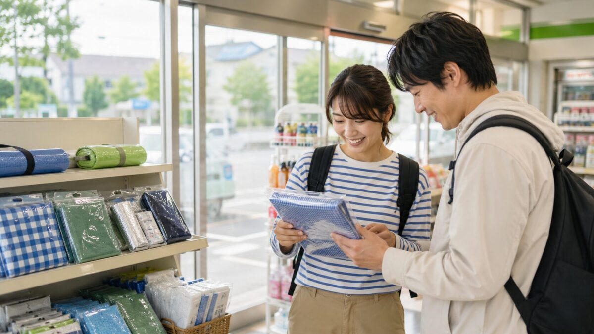 コンビニでレジャーシートを探す外遊び前の男女の様子