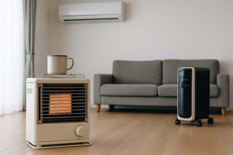 広いリビングでカセットガスストーブとエアコン、石油ファンヒーターを同じ空間に置き、用途の違いを想像できる写真