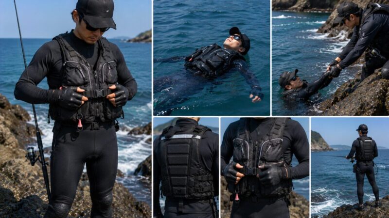 ウェットスーツの上からライフジャケットを着用し落水時の浮力確保と救助に備えるロックショアアングラー