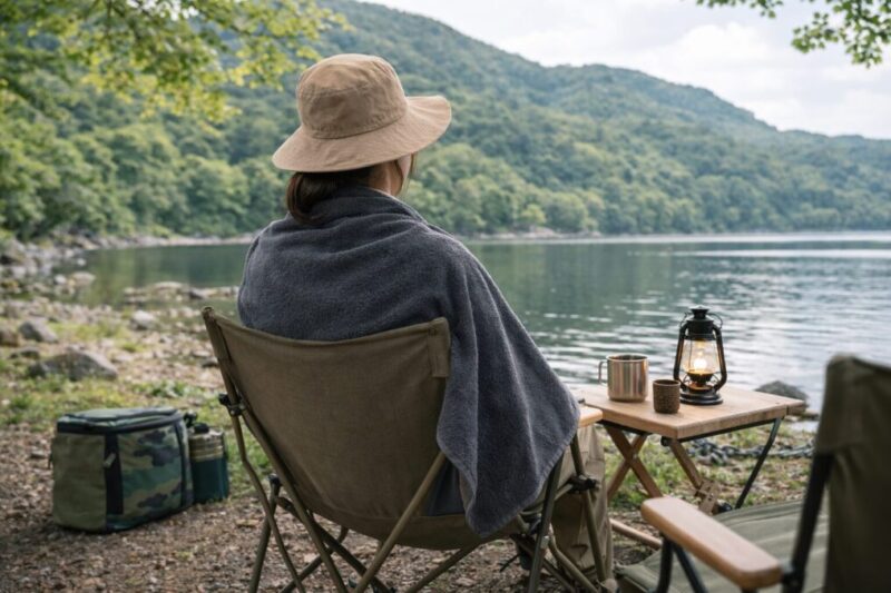 湖畔キャンプで大判タオルを肩掛けして休憩するアウトドアシーン