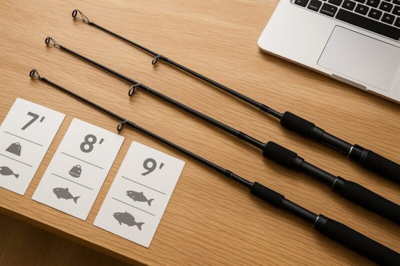 「長さの異なる3本の無地ロッドとスペック比較カードを並べたイメージ写真」