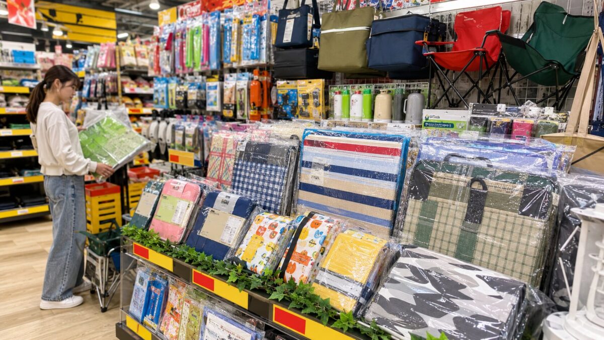 アウトドア用品売り場に並ぶレジャーシートと外遊びグッズのイメージ