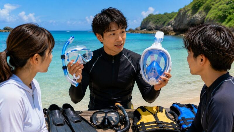 通常型マスクとフルフェイス型マスクを手に持ち、初心者へ形状や使い方の違いを説明するインストラクター