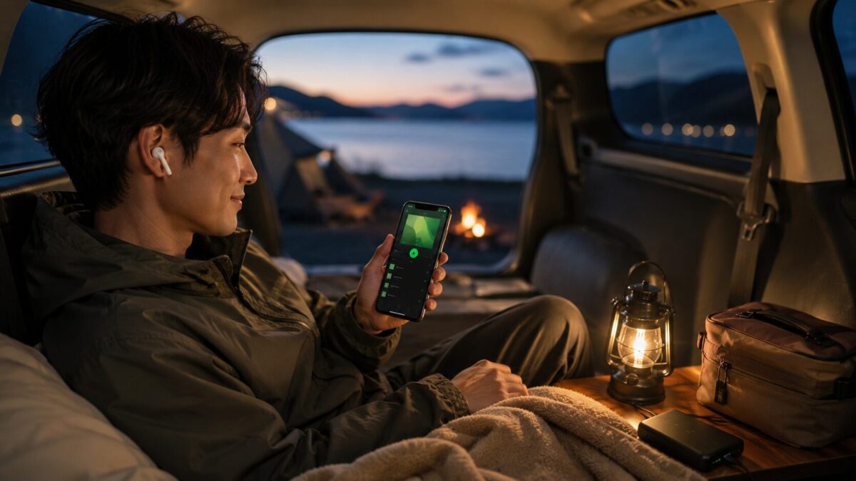 車中泊の車内で、ワイヤレスイヤホンを着けた男性がスマホのダウンロード済み音楽を再生している様子