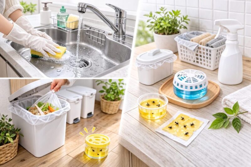 コバエ対策で発生源の掃除と置き型トラップを併用するイメージ