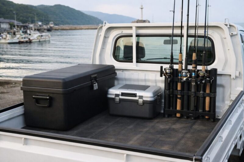 荷台ボックス導入で軽トラの釣り道具収納が整った様子