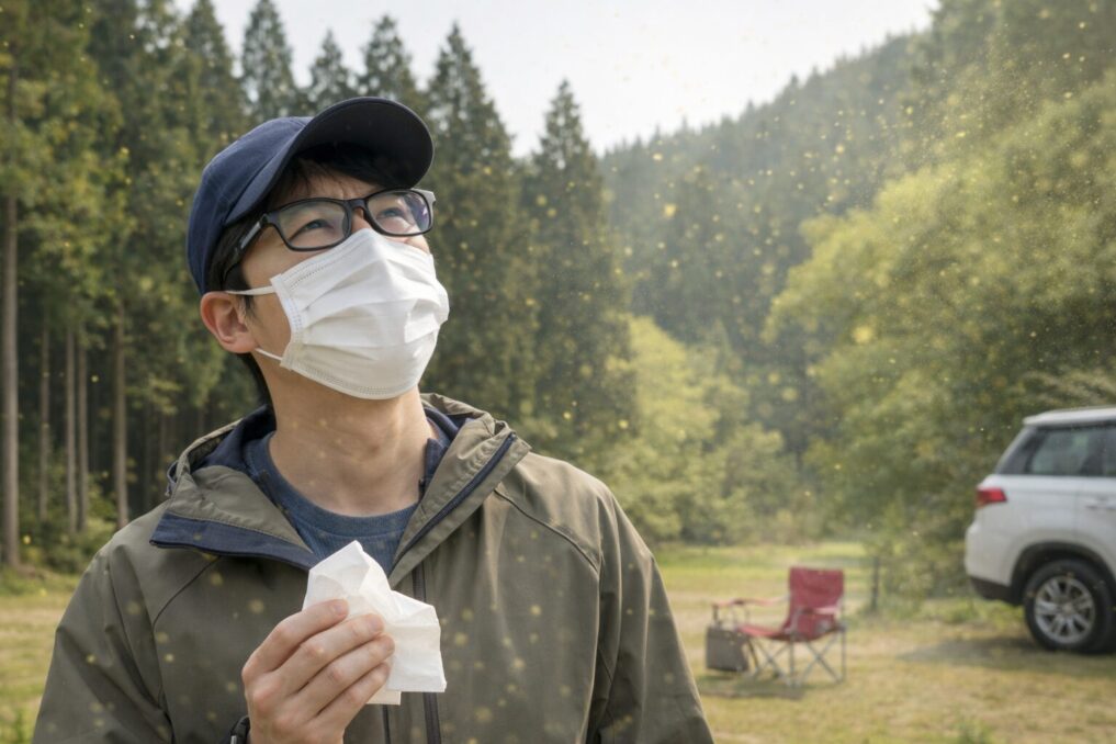 花粉シーズンに外遊びを快適化するため対策装備を整えるイメージ