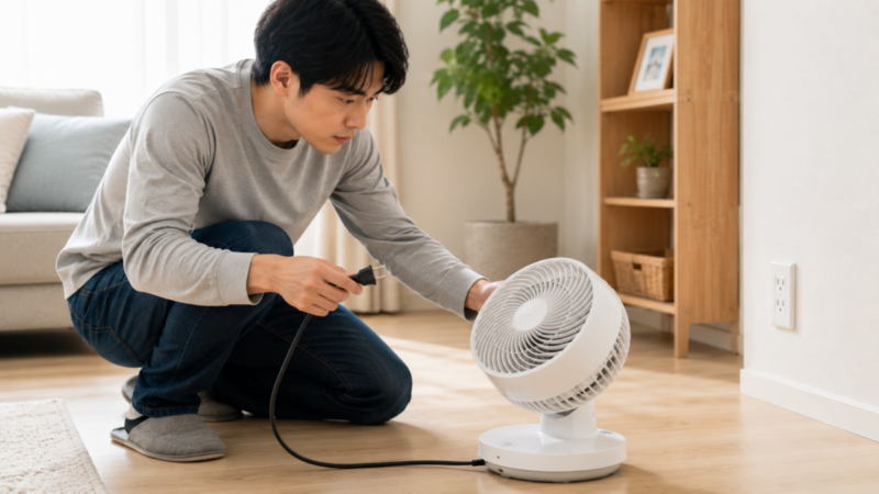 サーキュレーターを長時間運転する前に電源プラグと本体を確認する様子