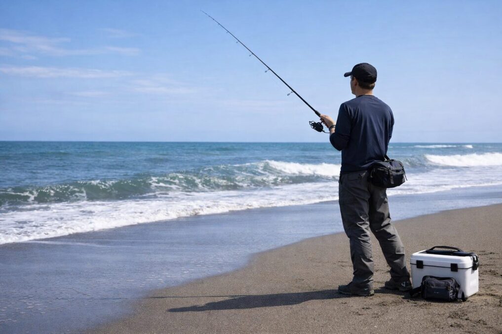 ウェーダーなしでサーフ釣りをする長袖長ズボン姿の釣り人と海辺の装備