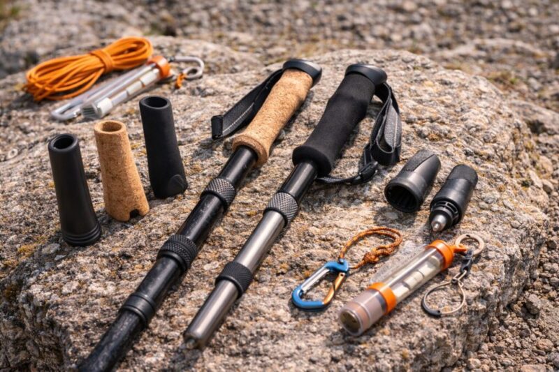 トレッキングポールのグリップ交換や先端保護に使うパーツを並べた様子