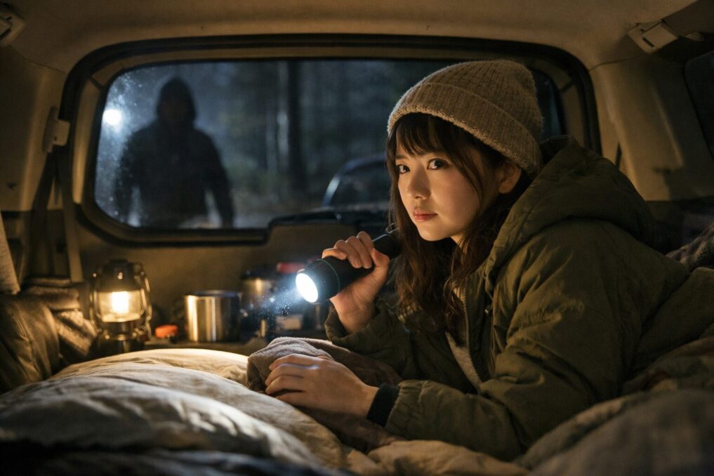 夜のキャンプ場で車中泊の準備をしながら周囲を確認する女性の様子