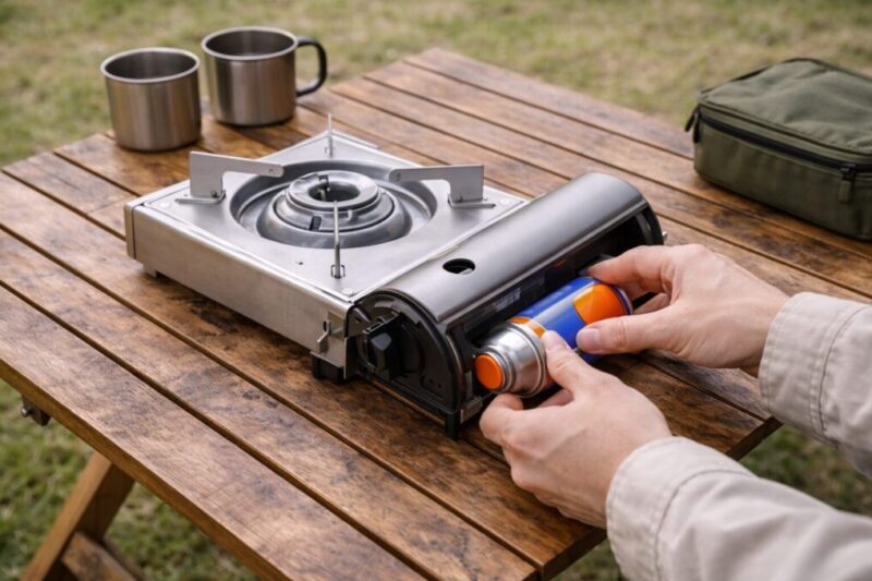 カセットこんろの周囲に十分なスペースを確保し、ボンベの装着状態を手元で確認しているイメージ