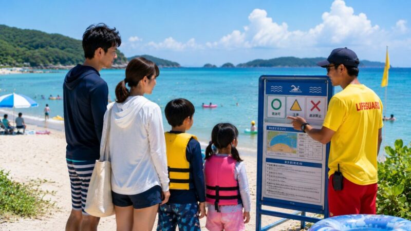 監視員から遊泳区域と海の状態について説明を受ける日本人家族