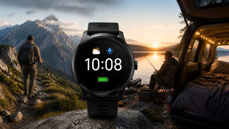 登山、釣り、車中泊のシーンを背景に、時刻・天気・バッテリーが見やすく表示されたスマートウォッチのイメージ