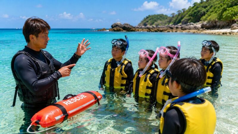 シュノーケリング前に浅瀬でインストラクターから安全説明を受ける子供たち