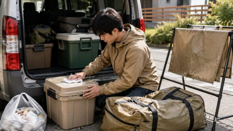 キャンプから帰宅後、車の荷室前で収納ボックスや濡れた道具を拭いて片付けている男性