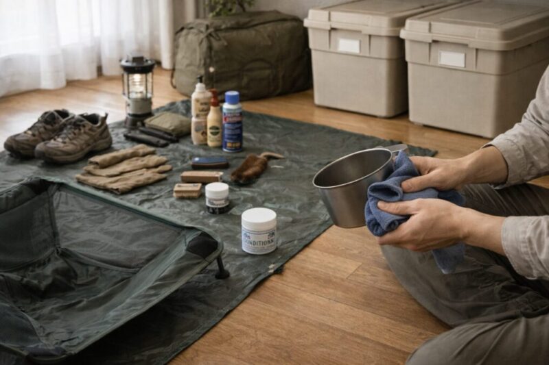 キャンプ後に道具を乾かし、汚れを落としてから収納へ戻す流れが分かる室内の様子