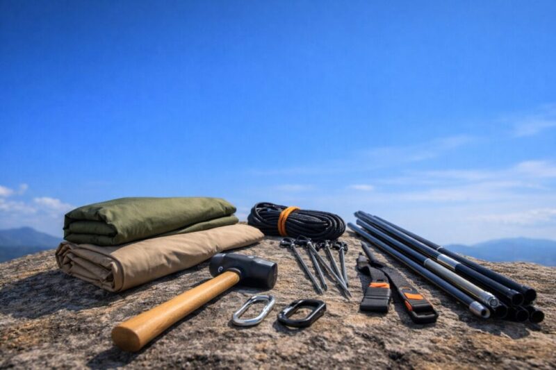 青空を背景に、岩の上にテント生地やロープ、ペグ、ハンマー、ポールが並んでいる風景。