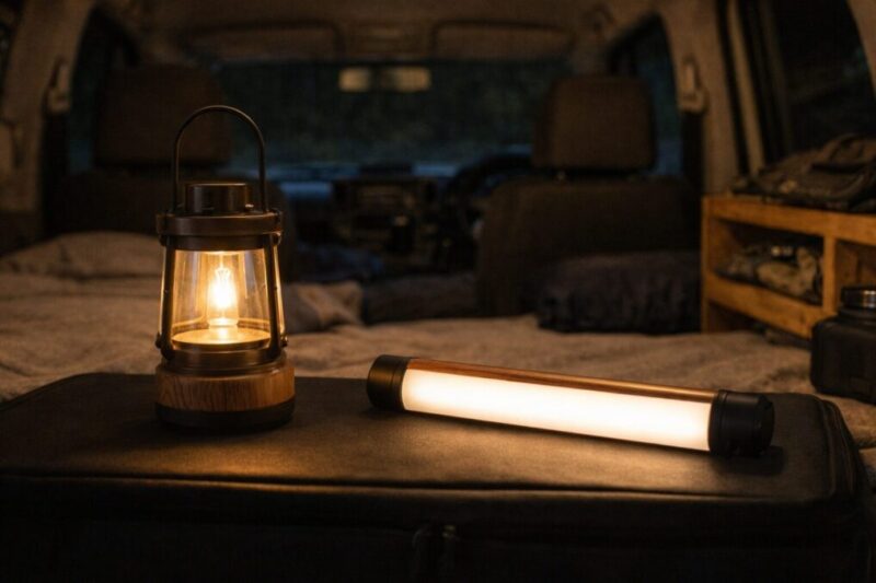 おしゃれなランタンと実用的なUSBライトを並べた車中泊照明の比較イメージ