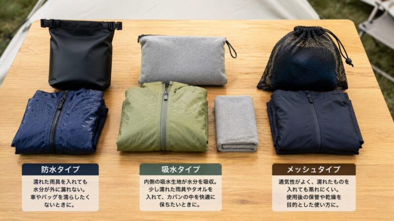 防水バッグ、吸水ポーチ、メッシュ袋と、それぞれに入れるレインウェアを並べて収納方法を比べている様子。